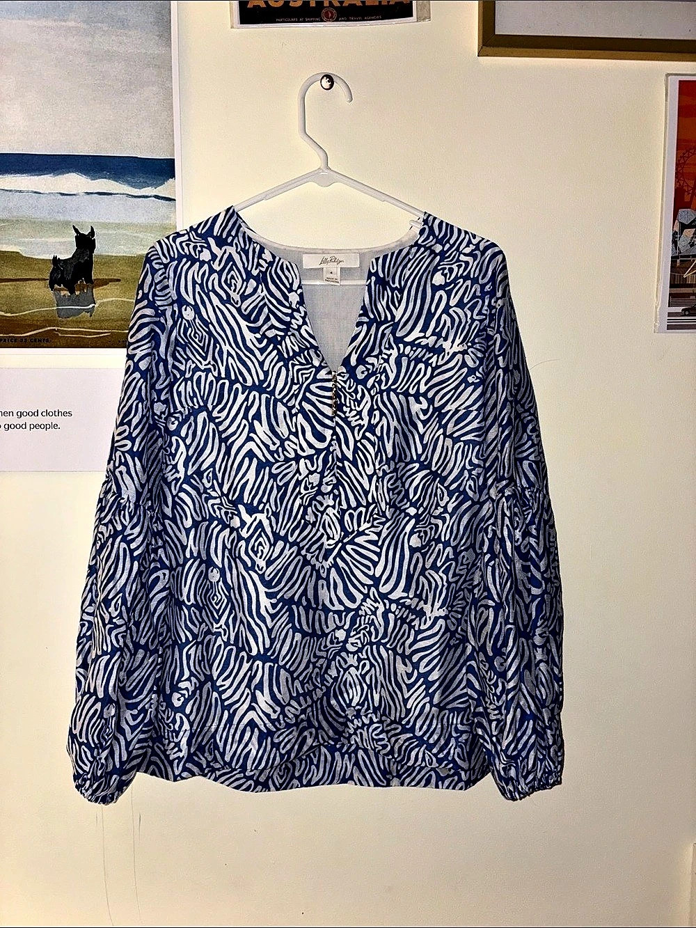 Lilly Pulitzer Printed Zip Front Blouse in Blue & White Size XS